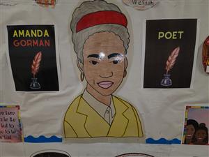 Bulletin board created by students showcasing poet and activist Amanda Gorman
