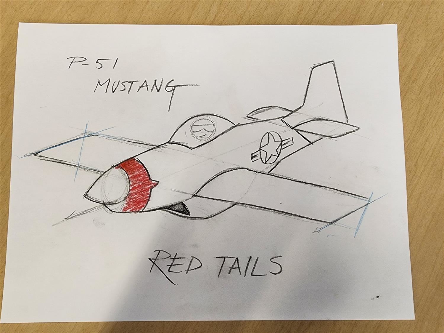 Line drawing of a P-51 mustang drew by art teacher Mr. Knapp.