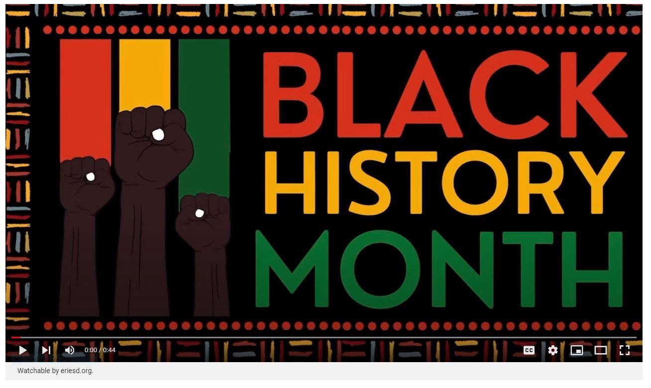 Graphic with three Black fists, raised, and text reading "Black History Month"