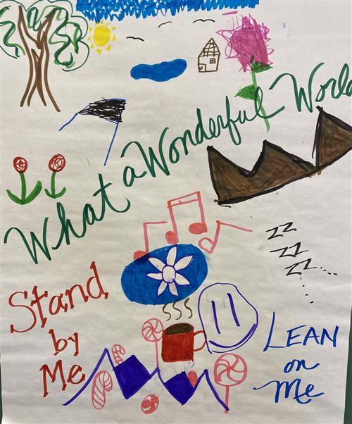 Child's drawing with the words "What a Wonderful World," "Stand By Me," and "Lean on Me" decorated with flowers, house and mo