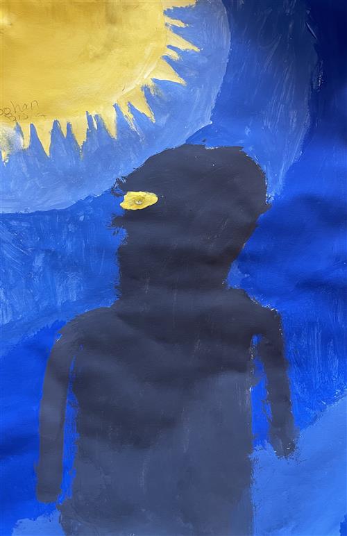 Student painting showing a person looking at a yellow sun