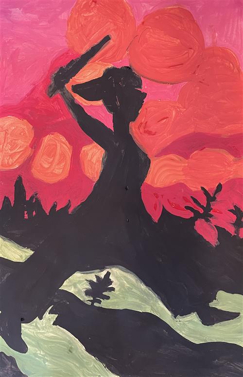 Student painting shows figure in black paint walking.