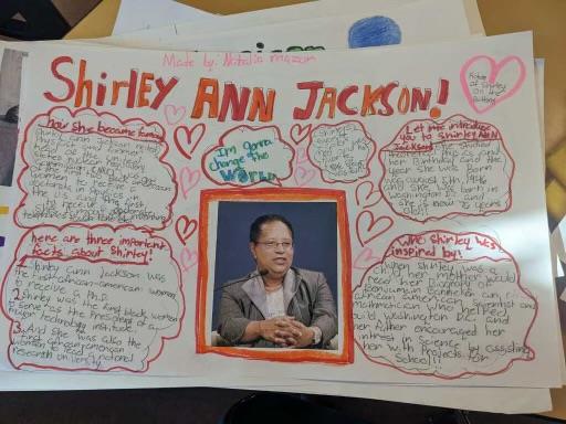 Student-made poster with picture of Shirley Ann Jackson surrounded by writing noting her accomplishments.