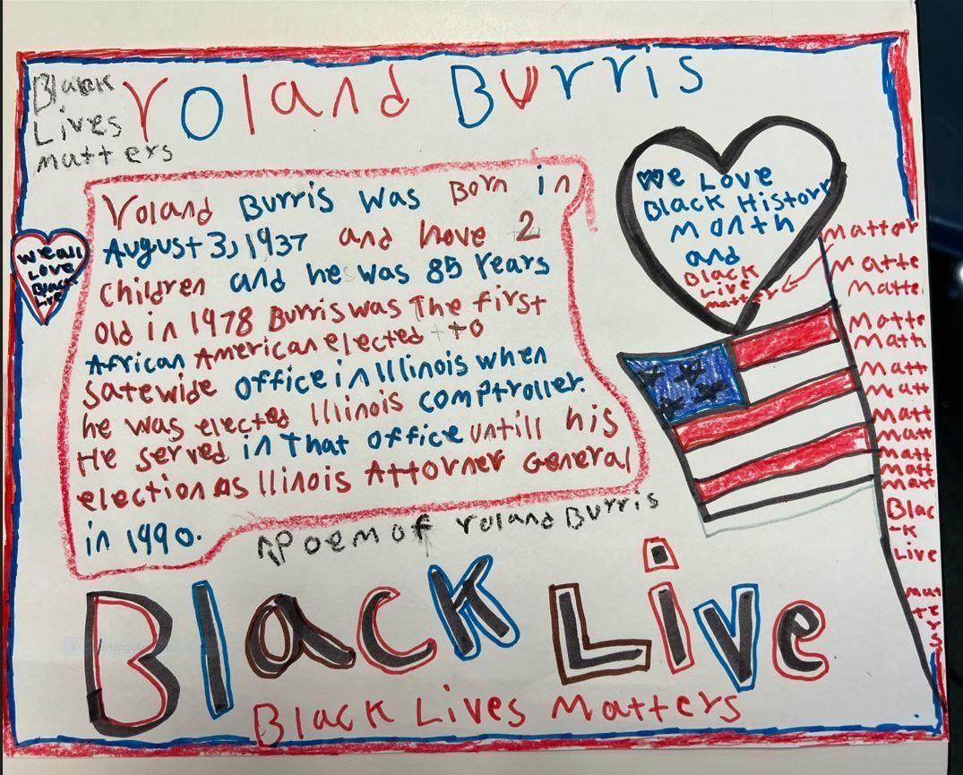 Student project on politician Yoland Burris, with biographical info & "Black Lives Matter" written in several places.