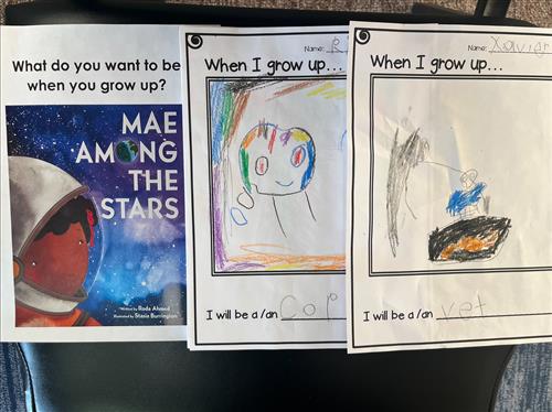 Pictures of student drawings answering the question, "What do you want to be when you grow up?" One chose cop, one vet.