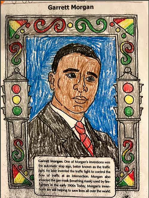 Filled-in coloring page featuring profile of Garrett Morgan, inventor of the traffic signal.