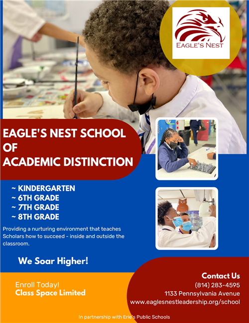 Recruitment flyer for Eagle's Nest shows little boy at table doing artwork. Two other photos show students working in class.