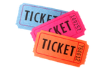  Image is of three raffle-style tickets, each in a different color: blue, red, and orange.